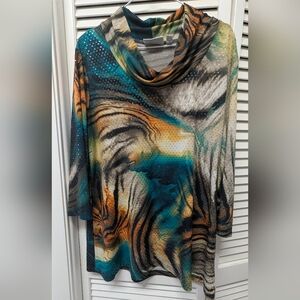 Susan Graver Teal, Orange & Black Cowl Neck Sweater Tunic
